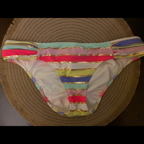 Victoria’s Secret gold& colors striped Swim Bottom ruched - Picture 2 of 6